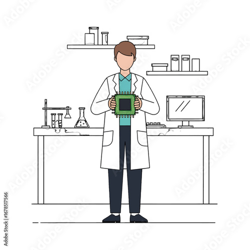 Scientist in Lab Coat Holding Microchip at Lab with Electronics on Desk Line Art Style Illustration