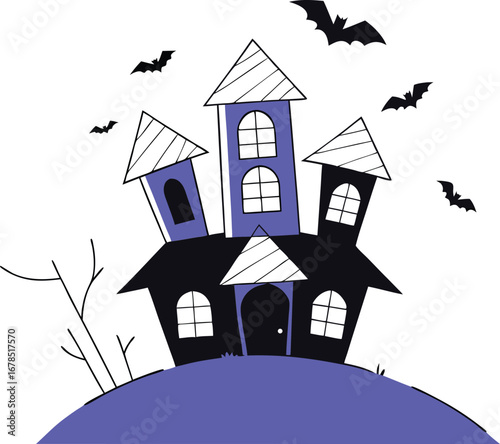 A spooky haunted house with bats flying around, perfect for halloween