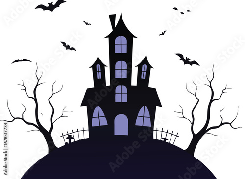 A spooky haunted house with bats flying around, perfect for halloween