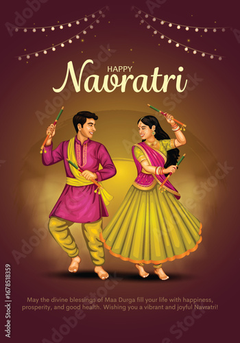 Navratri or Garba Night poster for Dussehra festival of India. Creative vector illustration design of couple playing Dandiya dance.