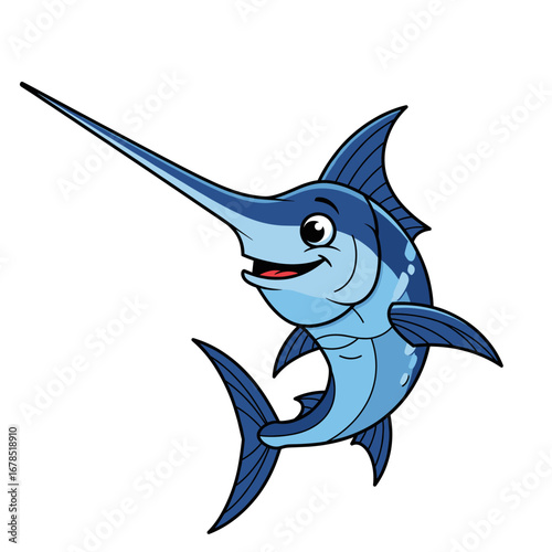A cheerful blue cartoon swordfish with a distinctive long bill and friendly smile swims gracefully, perfect for children's books and ocean-themed designs.