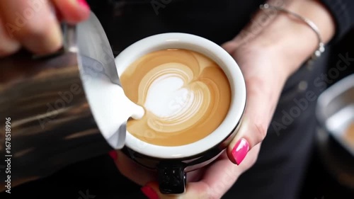 Artistic Top-Down Macro Shot of a Barista Pouring Steamed Milk to Create Latte Art