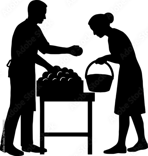 Silhouette of a shopkeeper selling fruit, while a customer inspects the basket, vector art on pure white background