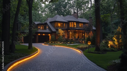Elegant modern homes featuring LED lighting along the walkway illuminated in the evening glow