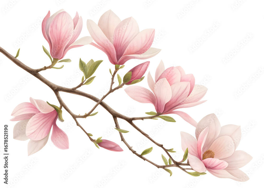 Fototapeta premium Magnolia Branch PNG – Elegant Watercolor Botanical Clipart for Wedding & Sublimation