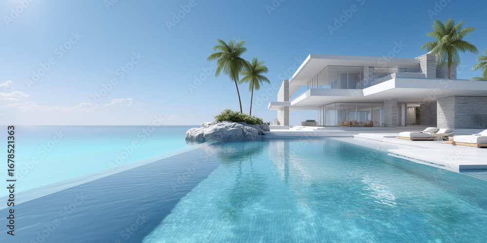 Fototapeta premium Luxurious modern house with an infinity pool overlooking a tranquil ocean. Palm trees swaying gently in the breeze enhance the serene tropical ambiance.