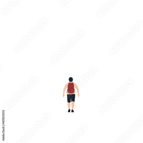 Pixel Art Depiction of a Man with Red Backpack from Behind on White Background Wearing Black Shorts and Red Tank Top Simplistic Design