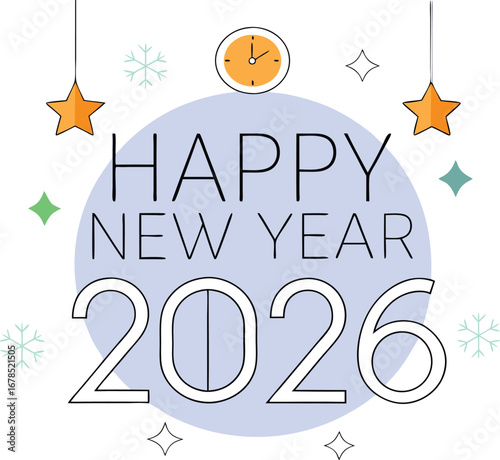 Happy new year 2026 celebration with clock, stars, and snowflakes for festive greeting card design