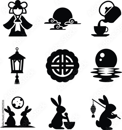 Chinese moon festival and mid autumn festival silhouette icon set