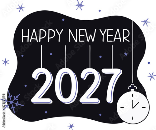 Happy new year 2027 celebration with clock and snowflakes for festive greeting card design