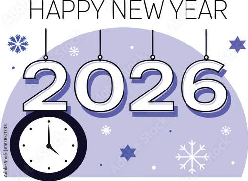 Happy new year 2026 with clock and snowflakes for greeting card and celebration design