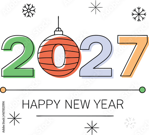 Happy new year 2027 greeting card with christmas ball