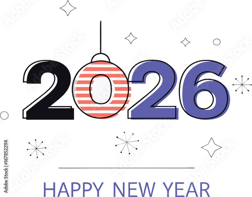 Festive happy new year 2026 with christmas ball and snowflakes for celebration card design