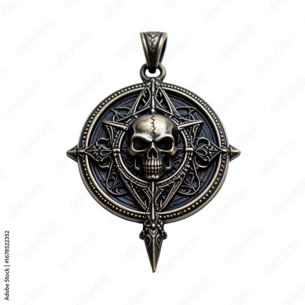 Naklejka premium An intricate pendant featuring a skull inside a star with ornate designs and a sharp bottom point on a textured circle background. Suitable for spooky Halloween themes and holiday crafts.