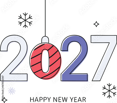 Happy new year 2027 greeting card with festive ornament and snowflakes decoration design