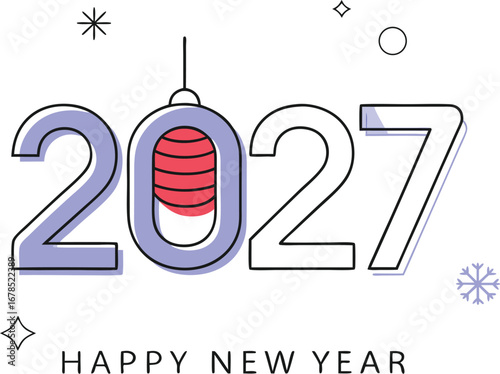 Happy new year 2027 greeting card with festive ornament and snowflakes decoration design