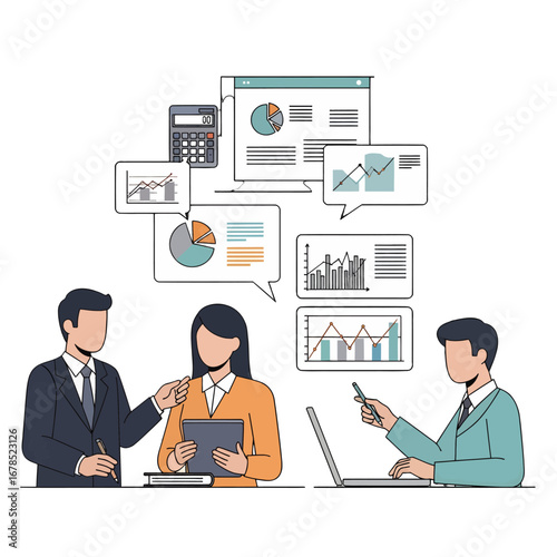 Business Team Analyzing Data and Charts During Business Meeting with Graphs Pie Charts and Statistical Analysis in Office Environment