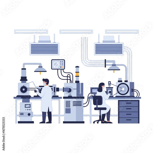 Illustration of Scientists in White Lab Coats Working with Equipment in a Science Laboratory Under Fluorescent Lighting