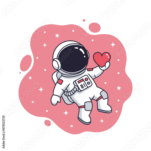 Pixel Art Astronaut Floating with Red Heart on Pink Cloud Background Celebrating Love and Space Exploration