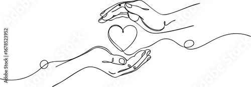 Two hands, one above and one below, protect a heart shape with a single, continuous line drawing.