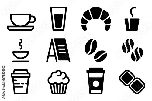 Coffee Shop Icons: Cup, Croissant, Muffin, Coffee Beans, and More