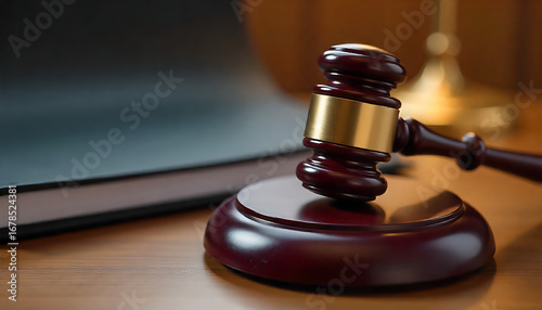 Wallpaper Mural A realistic 3D model of a wooden judge's gavel resting on a sound block, in a wooden background Torontodigital.ca