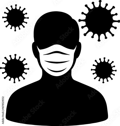 Silhouette of Masked Person Surrounded by Virus Particles - Health Vector with white background 