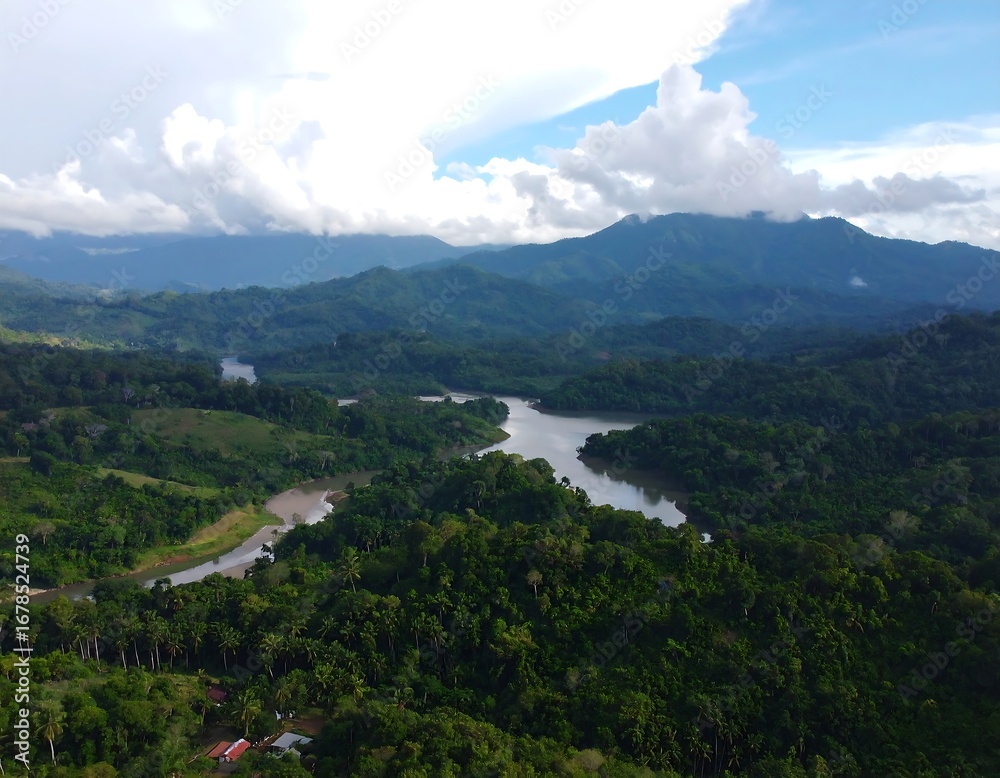 Naklejka premium Lush valley with river and mountains