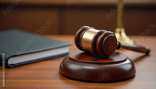 A realistic 3D model of a wooden judge's gavel placed on a round block, with a wooden background and a book