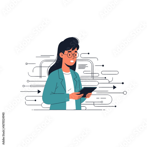 Worried Woman with Tablet Surrounded by Complex Network of Arrows in Blue Jacket Against White Background