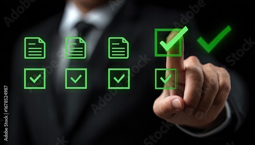 Businessman's hand selects a checklist item