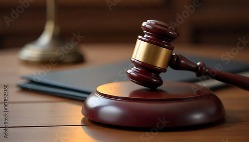 A realistic 3D model of a wooden judge's gavel resting on a sound block, in a wooden background
