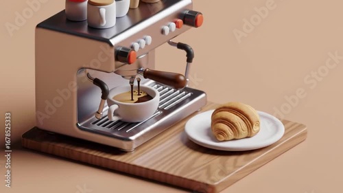 Charming 3D Isometric Animation of a Coffee Making Process with an Espresso Machine and Croissant