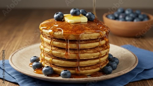 Stack of pancakes with syrup and blueberries for breakfast or dessert full still life