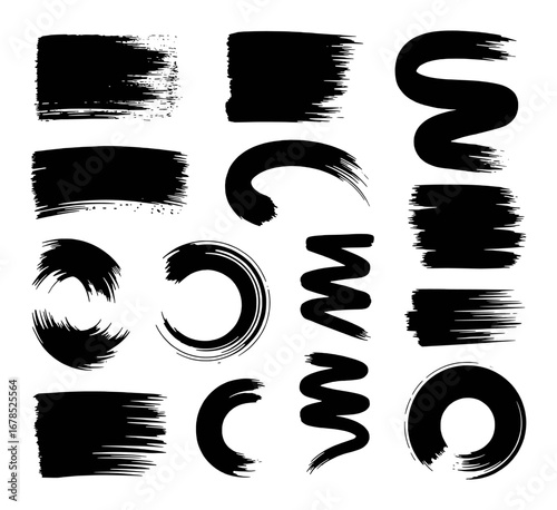 Collection of Black Brush Strokes and Swirls on White Background