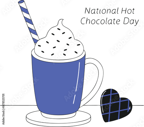 National hot chocolate day with mug of whipped cream, sprinkles, straw, and heart