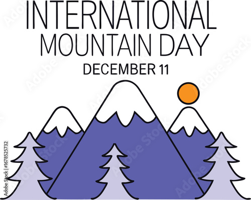 International mountain day december with snow peaks, pine trees, and sun
