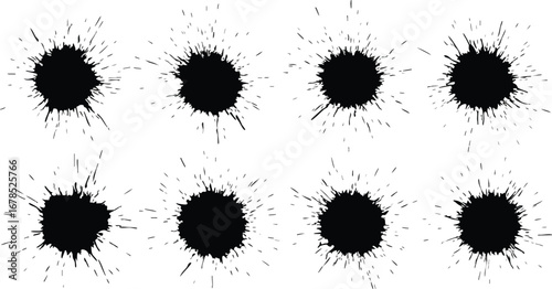 Ink blots create unique splatter design, perfect for backgrounds and artistic layouts