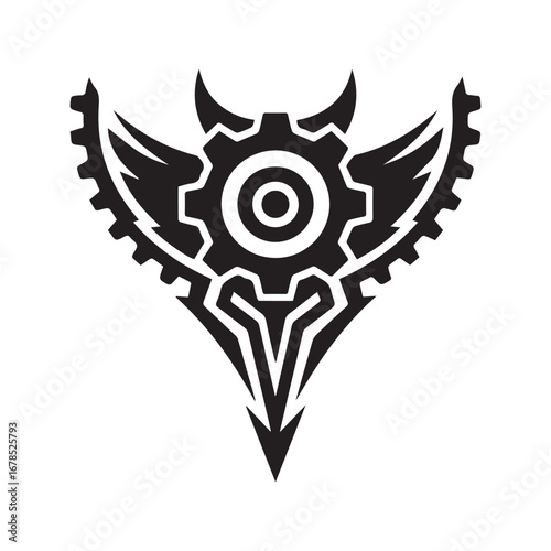 Abstract Mechanical Tribal Tattoo with Gear and Wings, Biomechanical Steampunk Vector Symbol
