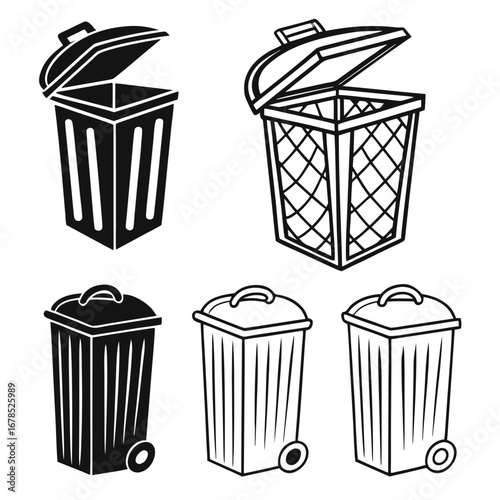 Five different trash cans with open and closed lids in black and white garbage can