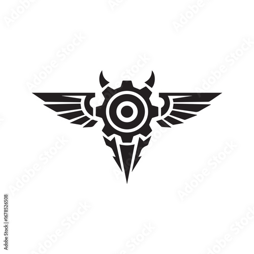Abstract Mechanical Tribal Tattoo with Gear and Wings, Biomechanical Steampunk Vector Symbol
