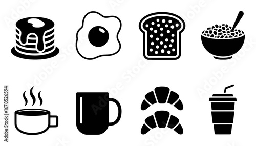 Collection of Breakfast Food and Drink Icons: Pancakes, Eggs, Toast, Cereal, Coffee, Croissants, and Drink Cup