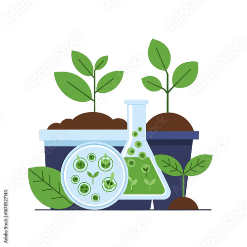Botanical Science Illustration with Green Plants in Blue Pots and Laboratory Glassware on White Background Featuring Leafs and Healthy Germination