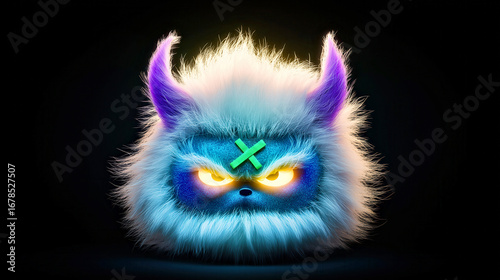 Cute Furry Monster with Glowing Eyes and Fluffy Ears in Dramatic Lighting