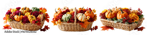 Rustic wicker baskets filled with pumpkins, gourds, and autumn leaves on a transparent background