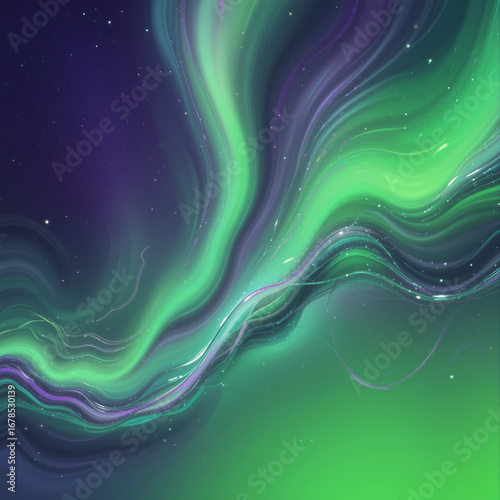 Aurora Borealis Flow with Glowing Radiant Green and Purple Waves, Abstract Cosmic Light Animation