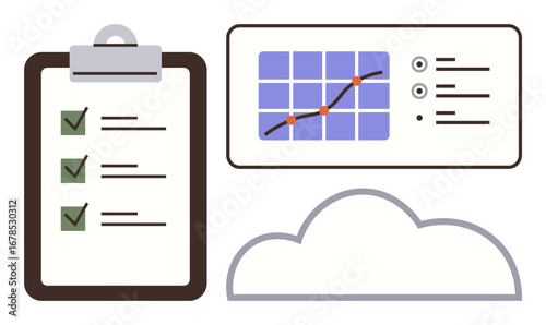 Clipboard with checklist, analytics dashboard featuring a graph, cloud outline illustrating storage. Ideal for productivity, cloud computing, analytics, teamwork, task planning, workflow enhancement
