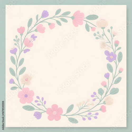 Floral border frame, flat botanical design, aesthetic pastel palette