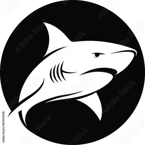 Stylized white shark emblem in a black circle