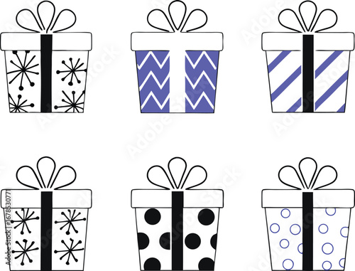 Assortment of six gift boxes with various patterns, perfect for christmas, birthdays, and other special occasions